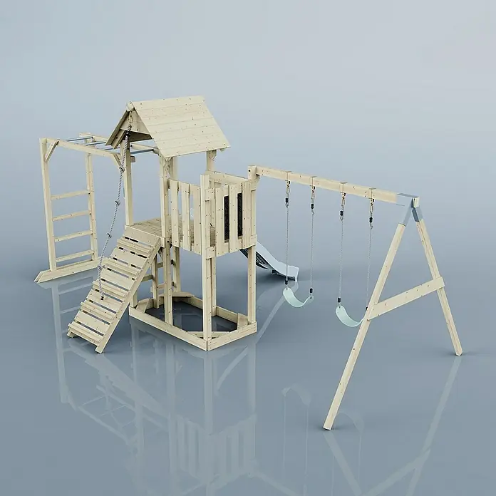 OutdoorToys Kinderspielturm Helsingborg - L x B x H: 358 x 562 x 275 cm, Blau - Holzspielplatz mit Schaukeln, Rutsche und Klettergerüst für stundenlangen Spaß im Garten. Ideal für aktive Kinder, die gerne spielen.