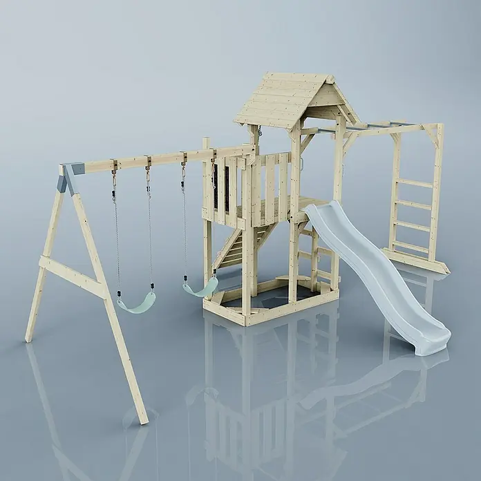 OutdoorToys Kinderspielturm Helsingborg - L x B x H: 358 x 562 x 275 cm, Blau - Das Bild zeigt einen hölzernen Spielplatz mit Schaukeln, Rutsche und Klettergerüst, ideal für Kinder zum Spielen und Austoben im Freien.