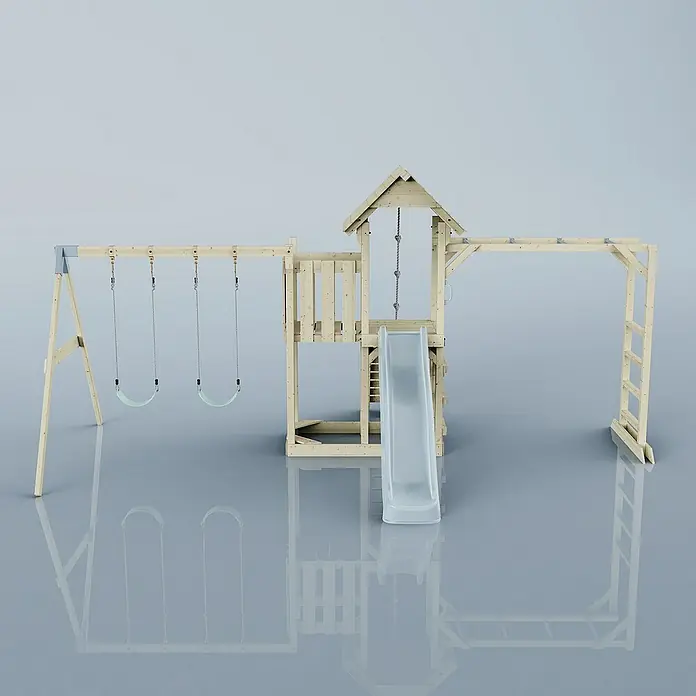 OutdoorToys Kinderspielturm Helsingborg - L x B x H: 358 x 562 x 275 cm, Blau - Ein Holzspielplatz mit Schaukeln, Rutsche, Kletterwand und Affenleitern für Kinder. Perfekt für Spaß im Garten.