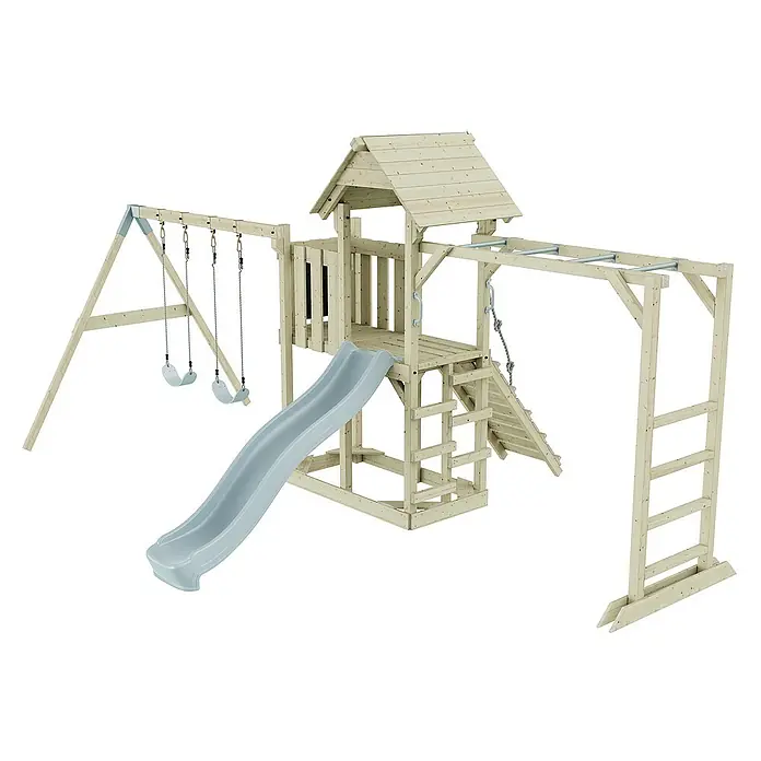OutdoorToys Kinderspielturm Helsingborg - L x B x H: 358 x 562 x 275 cm, Blau - Hölzernes Spielgerüst mit Schaukeln, Rutsche, Kletterwand und Turm für stundenlangen Spaß im Garten.