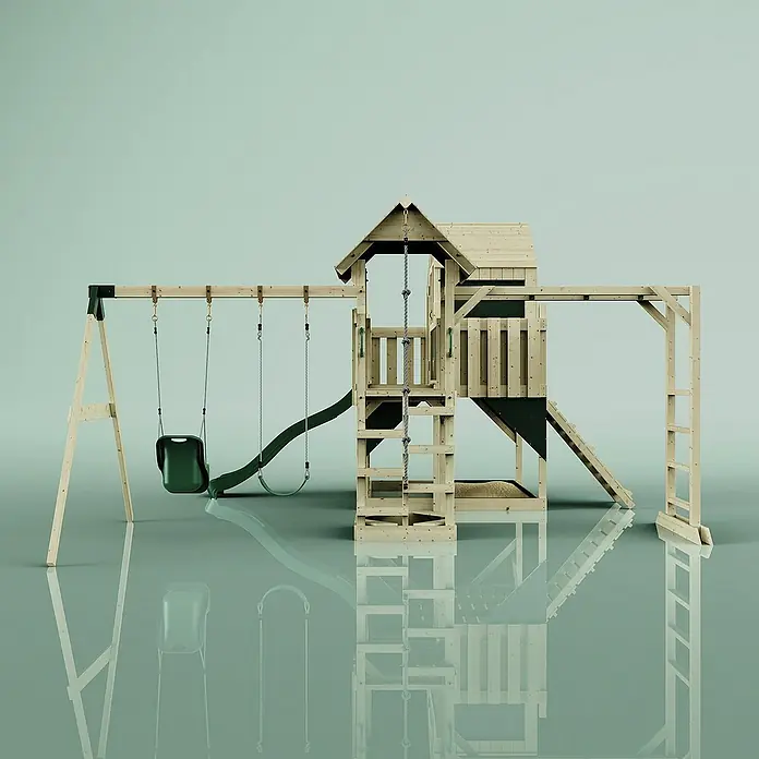 OutdoorToys Kinderspielturm Polarplay Knut - L x B x H: 490 x 503 x 291 cm, Grün - Ein detailreiches Bild eines Holzspielplatzes mit Schaukel, Rutsche und Kletterturm. Perfekt für stundenlangen Spaß im Freien.