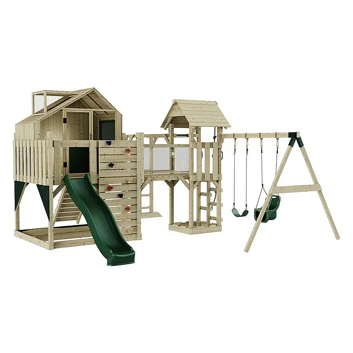 OutdoorToys Kinderspielturm Polarplay Knut Grün - Holz, Grün - Abbildung eines hölzernen Kinderspielplatzes mit Schaukeln, Rutsche, Kletterwand und Spielhaus für stundenlangen Spaß im Freien.