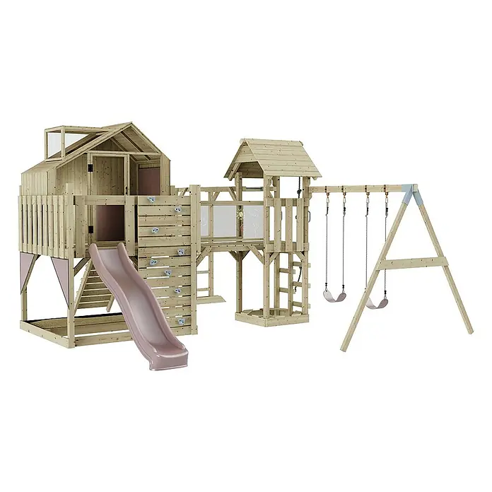 OutdoorToys Kinderspielturm Polarplay Knut - L x B x H: 490 x 503 x 291 cm, Rosa - Holzspielplatz mit Spielhaus, Rutsche, Kletterwand und Schaukeln für stundenlangen Spaß im Freien. Ideal für Kinder zum Spielen und Toben.