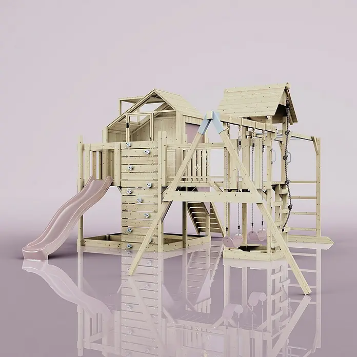 OutdoorToys Kinderspielturm Polarplay Knut - L x B x H: 490 x 503 x 291 cm, Rosa - Ein detailreiches Bild eines hölzernen Kinderspielplatzes mit Rutsche, Kletterwand und Schaukeln, ideal für den Garten.