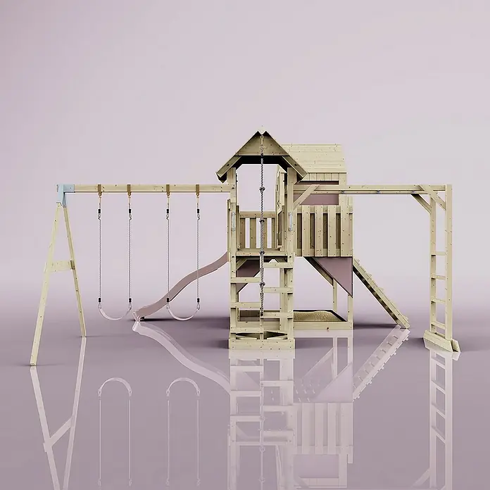 OutdoorToys Kinderspielturm Polarplay Knut - L x B x H: 490 x 503 x 291 cm, Rosa - Ein detailreiches Bild eines hölzernen Spielplatzes mit Schaukeln, Rutsche und Kletterturm vor einem einfarbigen Hintergrund.