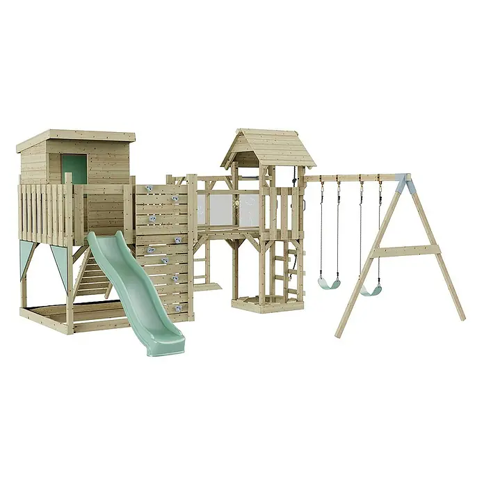 OutdoorToys Kinderspielturm Malou Kinderschaukel; - Holz, Grün - Ein großes hölzernes Spielgerät mit Rutsche, Kletterwand und Schaukeln für Kinder. Vielseitiger Outdoor-Spielplatz.