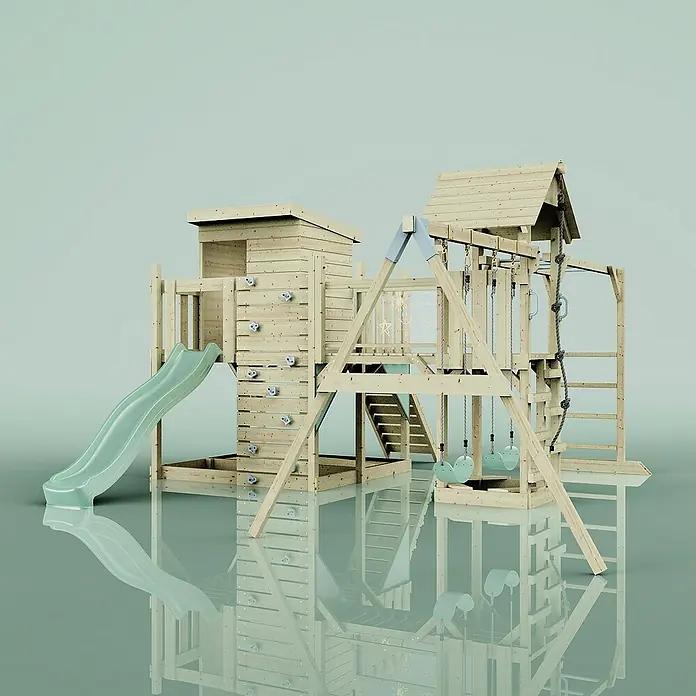 OutdoorToys Kinderspielturm Malou Kinderschaukel; - Holz, Grün - Hölzernes Spielhaus mit Rutsche, Schaukeln, Kletterwand und einem kleinen Häuschen mit Dach. Ideal für Kinder zum Spielen im Freien.