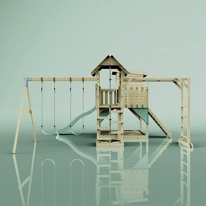 OutdoorToys Kinderspielturm Malou Kinderschaukel; - Holz, Grün - Hölzerner Spielplatz mit Schaukeln, Rutsche und Klettergerüst für stundenlangen Spielspaß im Freien. Das perfekte Outdoor-Spielset.