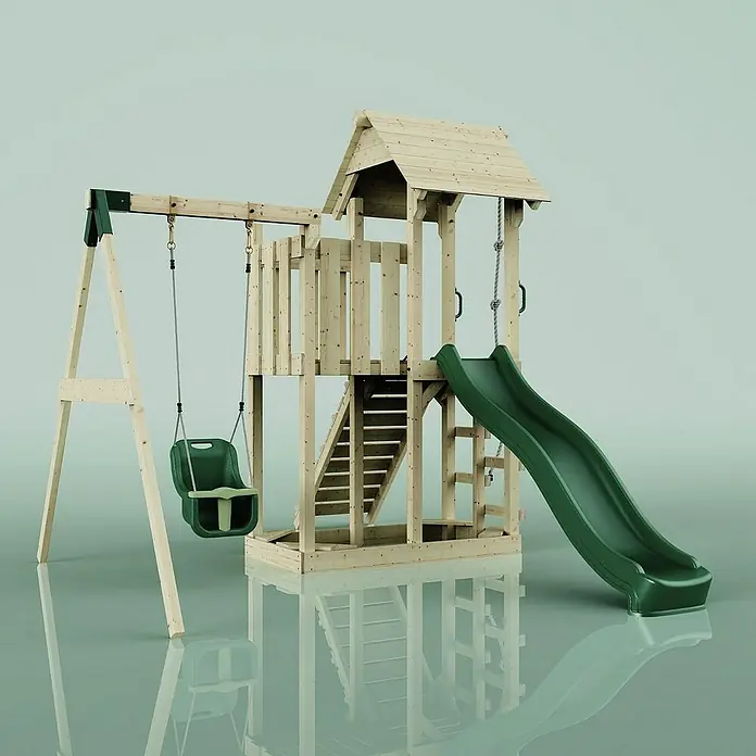 OutdoorToys Kinderspielturm Bergen - L x B x H: 283 x 357 x 273 cm, Grün - Bild eines Holzspielturms mit Schaukel, Kletterturm und Rutsche, ideal für den Garten. Der Spielplatz bietet stundenlangen Spaß im Freien für Kinder.