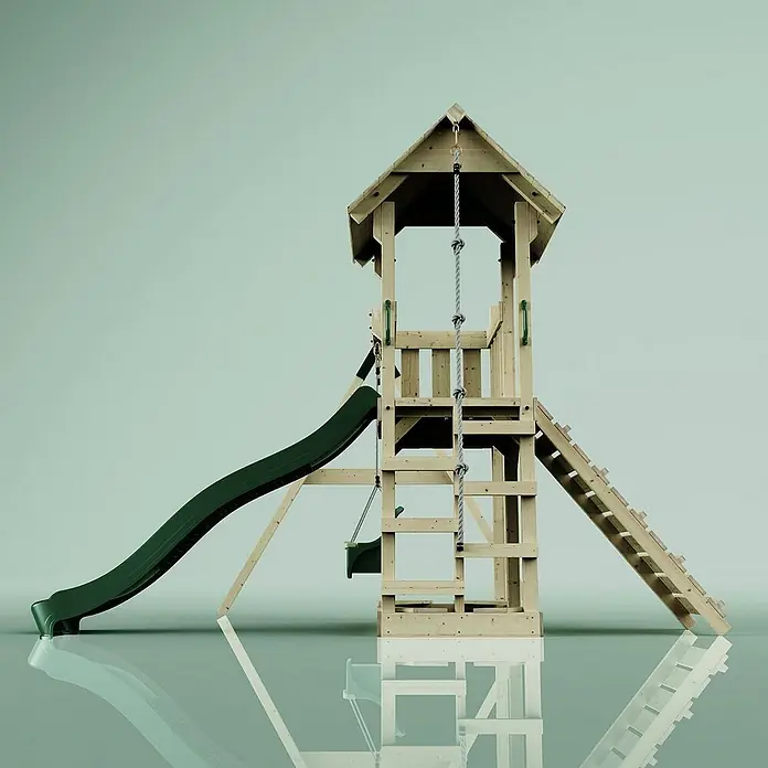 OutdoorToys Kinderspielturm Bergen - L x B x H: 283 x 357 x 273 cm, Grün - Ein detailreiches Bild eines Spielturms mit Rutsche, Leiter und Seil, ideal für Kinder zum Spielen im Freien.