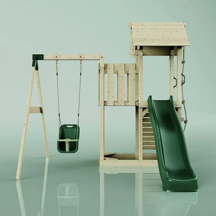 OutdoorToys Kinderspielturm Bergen - L x B x H: 283 x 357 x 273 cm, Grün - Holzspielplatz mit Schaukel und Rutsche für Kinder zum Spielen und Spaß haben im Garten oder im Freien.