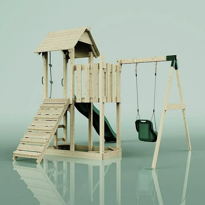 OutdoorToys Kinderspielturm Bergen - L x B x H: 283 x 357 x 273 cm, Grün - Ein hölzerner Spielturm mit Rutsche und Schaukel, ideal für Kinder zum Spielen und Toben im Garten.