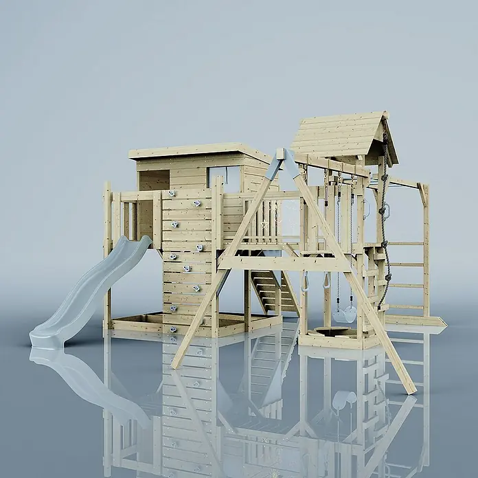 OutdoorToys Kinderspielturm Polarplay Johanna - L x B x H: 490 x 503 x 274 cm, Blau - Ein hölzerner Spielplatz mit Rutsche, Kletterwand und Schaukeln. Das ideale Spielgerät für Kinder zum Austoben im Freien.