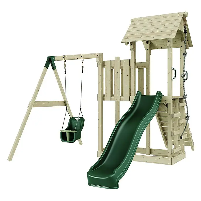 OutdoorToys Kinderspielturm Bergen - L x B x H: 283 x 357 x 273 cm, Grün - Holz-Spielplatz mit Schaukel, Rutsche und Kletterturm, ideal für Kinder zum Spielen und Toben im Freien.