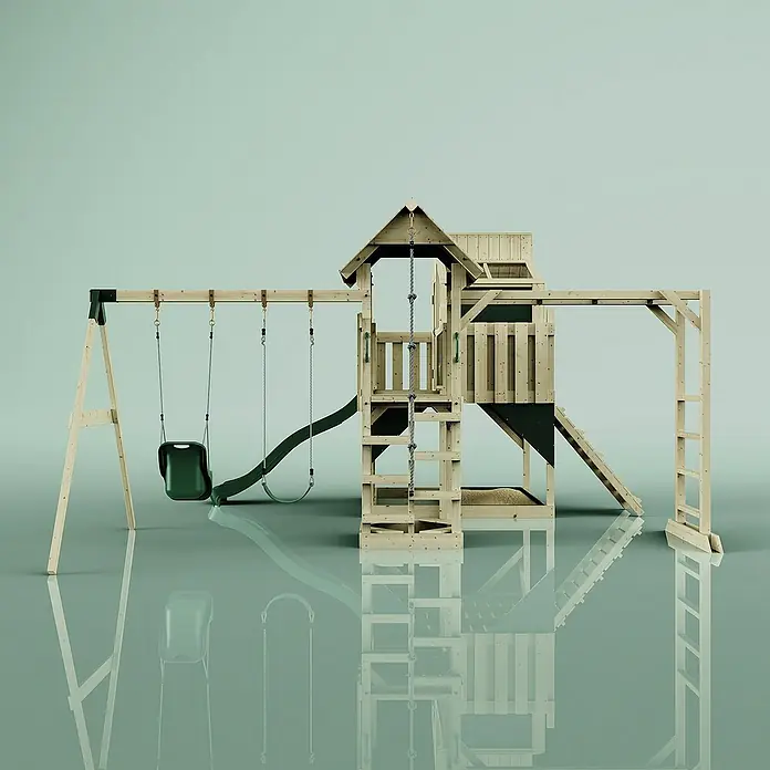 OutdoorToys Kinderspielturm Polarplay Emma - L x B x H: 490 x 503 x 291 cm, Grün - Ein detailreiches Bild eines hölzernen Kinderspielhauses mit Schaukel und Rutsche, ideal für stundenlangen Spielspaß im Freien.