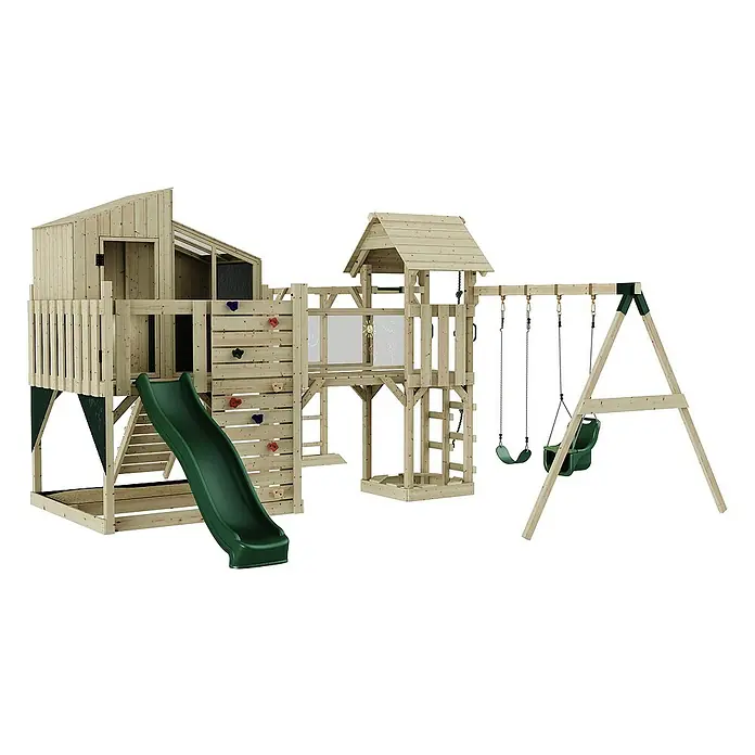 OutdoorToys Kinderspielturm Polarplay Emma - L x B x H: 490 x 503 x 291 cm, Grün - Abenteuerlicher Holzspielplatz mit Rutsche, Schaukeln und Kletterwand für stundenlangen Spaß im Freien.