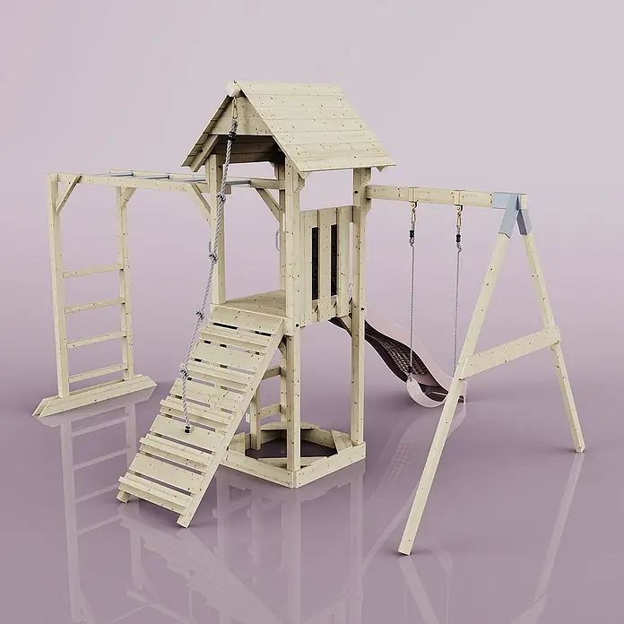 OutdoorToys Kinderspielturm Malmö - L x B x H: 358 x 40 x 275 cm, Rosa - Abbildung eines hölzernen Kinderspielhauses mit Rutsche, Schaukel und Klettergerüst, ideal für den Garten.