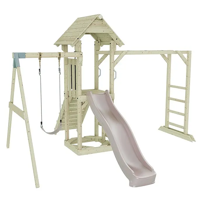 OutdoorToys Kinderspielturm Malmö - L x B x H: 358 x 40 x 275 cm, Rosa - Ein hölzerner Kinderspielplatz mit Schaukel, Rutsche, Klettergerüst und einem kleinen Häuschen für stundenlangen Spielspaß im Garten.