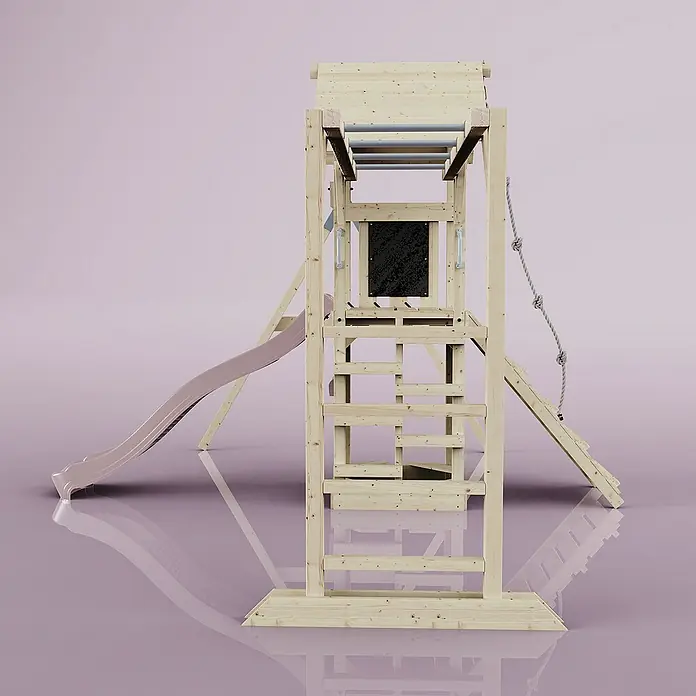 OutdoorToys Kinderspielturm Malmö - L x B x H: 358 x 40 x 275 cm, Rosa - Das Bild zeigt einen hölzernen Kletterturm mit Rutsche, Kletterwand und Sprossenwand vor einem rosa Hintergrund.