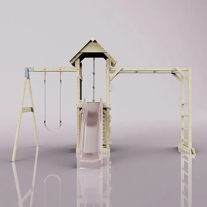 OutdoorToys Kinderspielturm Malmö - L x B x H: 358 x 40 x 275 cm, Rosa - Ein detailreiches Bild eines naturbelassenen Holzspielplatzes mit Schaukel, Rutsche und Kletterturm für Kinder.