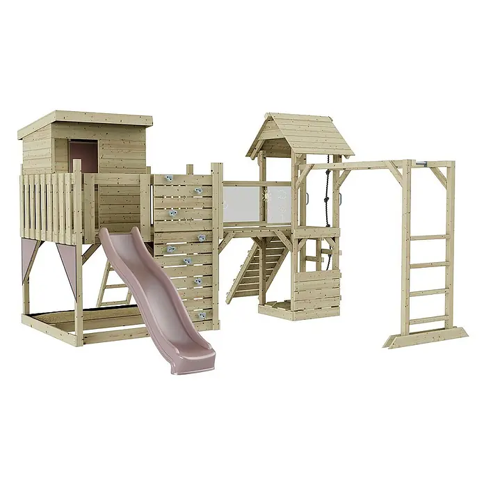 OutdoorToys Kinderspielturm Polarplay Joost - L x B x H: 444 x 406 x 274 cm, Rosa - Ein hölzerner Spielplatz mit Rutsche, Kletterwand, Turm und Schaukel für stundenlangen Spielspaß im Freien.