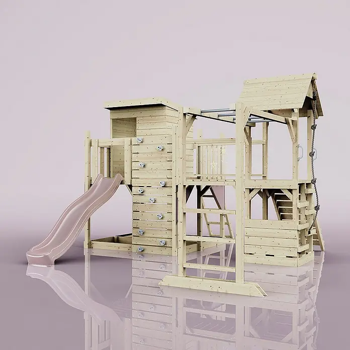 OutdoorToys Kinderspielturm Polarplay Joost - L x B x H: 444 x 406 x 274 cm, Rosa - Abenteuerlicher Spielturm aus Holz mit Rutsche, Kletterwand und Aussichtsturm für stundenlangen Spielspaß im Garten.