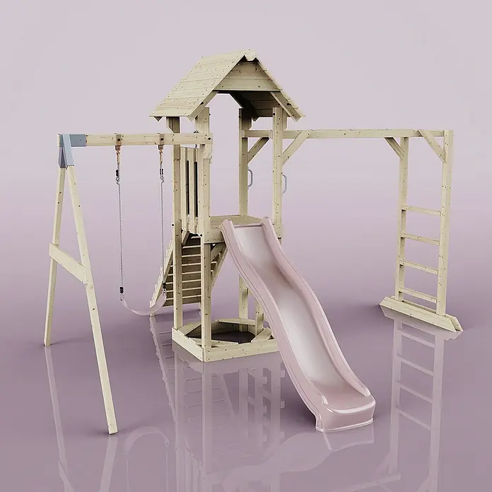 OutdoorToys Kinderspielturm Malmö - L x B x H: 358 x 40 x 275 cm, Rosa - Spielplatzgerät mit Rutsche, Schaukel und Klettergerüst für Kinder zum Spielen im Freien.
