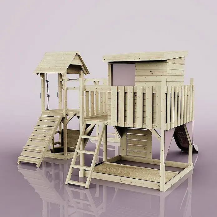 OutdoorToys Kinderspielturm Polarplay Joost - L x B x H: 444 x 406 x 274 cm, Rosa - Hölzernes Spielhaus mit Rutsche und Klettergerüst für Kinder zum Spielen im Garten. Perfekt für aktiven Spaß im Freien.
