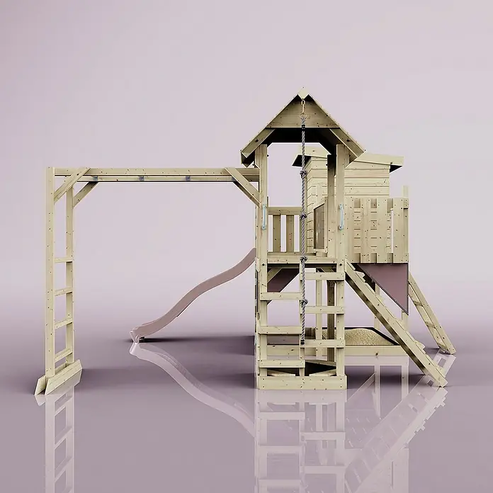 OutdoorToys Kinderspielturm Polarplay Joost - L x B x H: 444 x 406 x 274 cm, Rosa - Ein detailreiches Bild eines Holzspielplatzes mit Rutsche, Klettergerüst und einem kleinen Häuschen, ideal für Kinder zum Spielen und Entdecken.