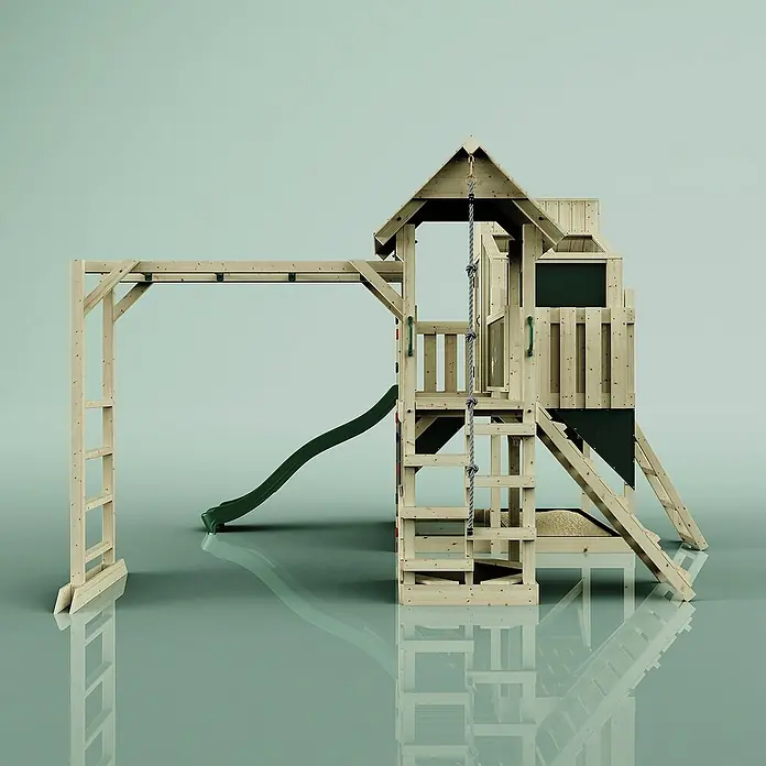 OutdoorToys Kinderspielturm Polarplay Ludvig - L x B x H: 444 x 406 x 291 cm, Grün - Holzspielturm mit Rutsche, Kletterwand und Schaukel für Kinder zum Spielen im Garten.