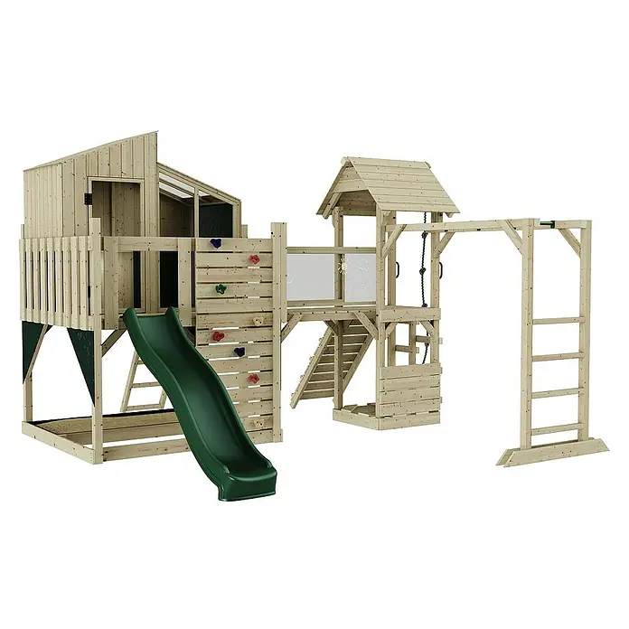 OutdoorToys Kinderspielturm Polarplay Ludvig - L x B x H: 444 x 406 x 291 cm, Grün - Hölzerner Spielplatz mit Rutsche, Kletterwand und Spielhaus für Kinder zum Spielen und Spaß haben im Garten.