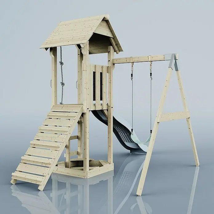 OutdoorToys Kinderspielturm Göteborg - L x B x H: 242 x 357 x 273 cm, Blau - Das Bild zeigt einen detailreichen Spielturm aus Holz mit Rutsche und Schaukel vor einem neutralen Hintergrund.