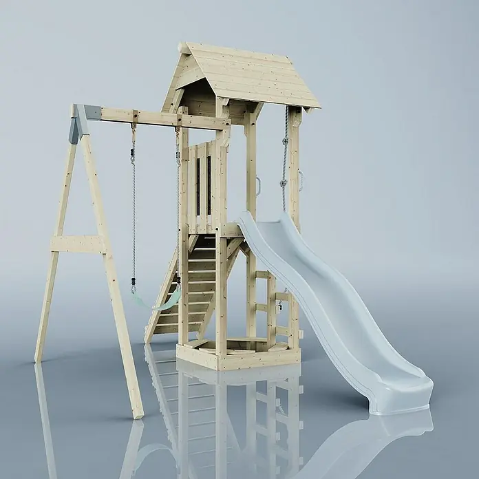 OutdoorToys Kinderspielturm Göteborg - L x B x H: 242 x 357 x 273 cm, Blau - Ein hölzerner Spielturm mit Rutsche, Schaukel und Klettergerüst für stundenlangen Spielspaß im Freien.