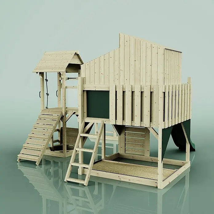 OutdoorToys Kinderspielturm Polarplay Ludvig - L x B x H: 444 x 406 x 291 cm, Grün - Ein detailreiches Bild eines hölzernen Kinderspielhauses mit Rutsche, Klettergerüst und Sandkasten.