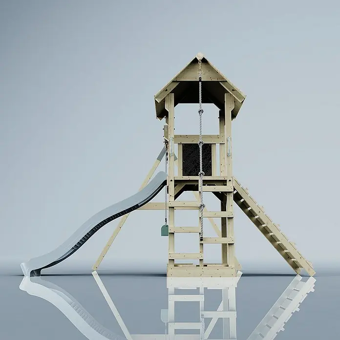 OutdoorToys Kinderspielturm Göteborg - L x B x H: 242 x 357 x 273 cm, Blau - Ein hölzerner Spielturm mit Rutsche, Kletterwand und Strickleiter, ideal für stundenlangen Spielspaß im Garten.
