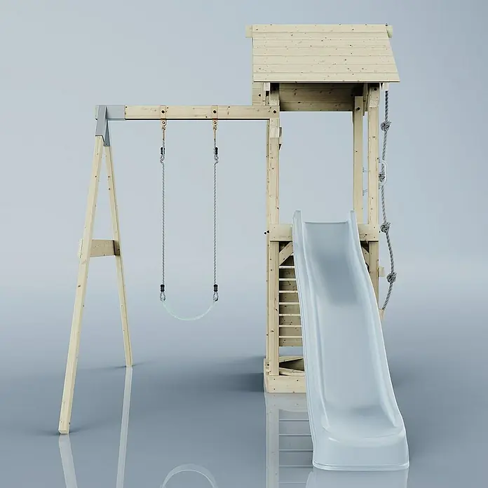 OutdoorToys Kinderspielturm Göteborg - L x B x H: 242 x 357 x 273 cm, Blau - Holzspielplatz mit Schaukel, Rutsche und Kletterturm für Kinder zum Spielen und Spaß haben im Freien.