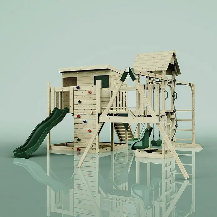 OutdoorToys Kinderspielturm Johanna Babyschaukel; - Holz, Grün - Ein detailreiches Bild eines hölzernen Kinderspielhauses mit Rutsche, Schaukel und Kletterwand. Ideal für Abenteuer im Freien!