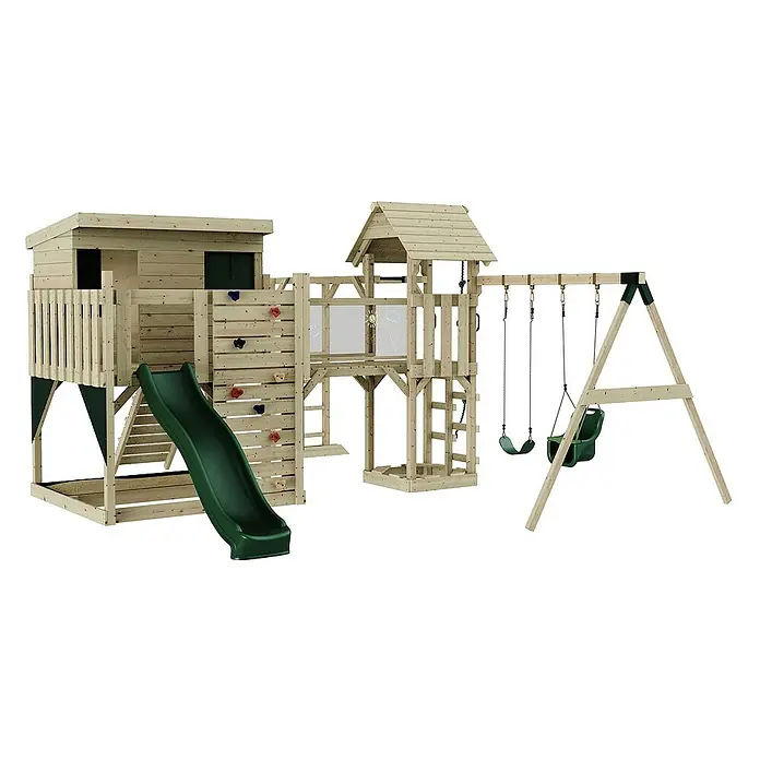 OutdoorToys Kinderspielturm Johanna Babyschaukel; - Holz, Grün - Das hölzerne Spielhaus mit Rutsche, Kletterwand und Schaukel bietet Kindern vielfältige Spielmöglichkeiten im Garten.