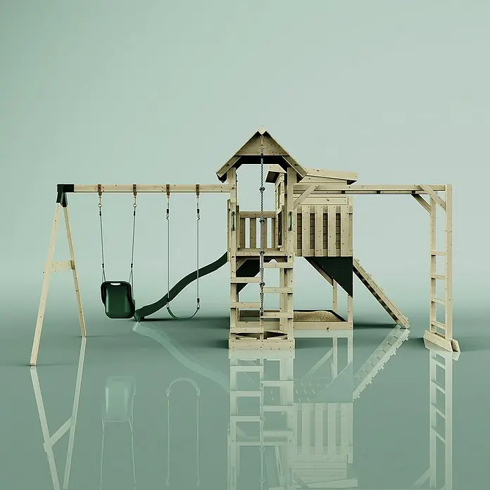 OutdoorToys Kinderspielturm Johanna Babyschaukel; - Holz, Grün - Holzspielplatz mit Schaukeln, Rutsche und Klettergerüst für Kinder. Perfekt für Spaß im Garten und zur Förderung der kindlichen Entwicklung.