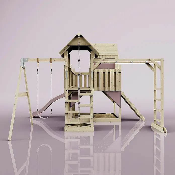 OutdoorToys Kinderspielturm Polarplay Mille - L x B x H: 400 x 503 x 291 cm, Rosa - Abbildung eines Holzspielhauses mit Schaukel, Rutsche, Kletterwand und Sandkasten auf rosafarbenem Hintergrund.