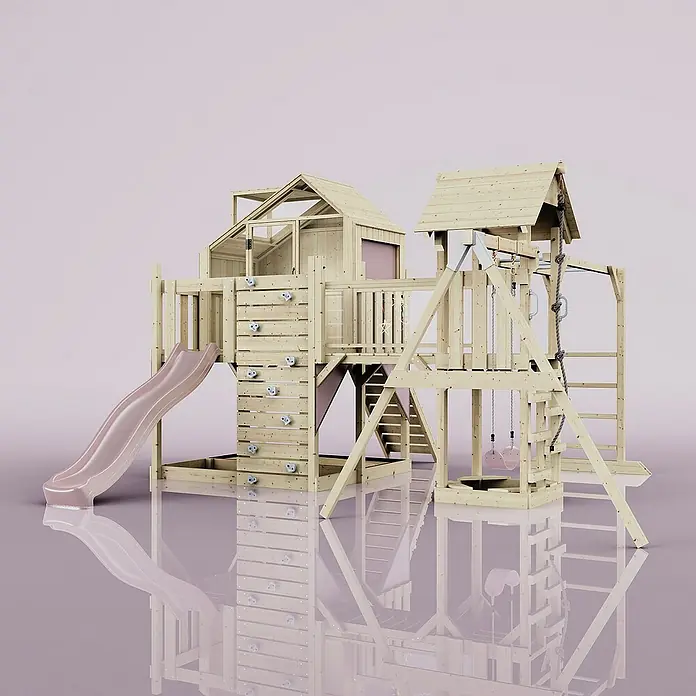 OutdoorToys Kinderspielturm Polarplay Mille - L x B x H: 400 x 503 x 291 cm, Rosa - Hölzerner Spielplatz mit Rutsche, Kletterwand und Schaukel für stundenlangen Spielspaß im Freien. Das perfekte Gartenspielgerät für Kinder.