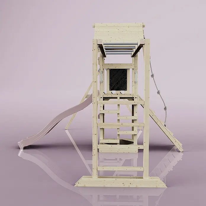 OutdoorToys Kinderspielturm Örebro - L x B x H: 358 x 491 x 275 cm, Rosa - Abenteuerlicher Spielturm mit Rutsche, Kletterwand und Sprossenwand für endlosen Spaß im Garten.
