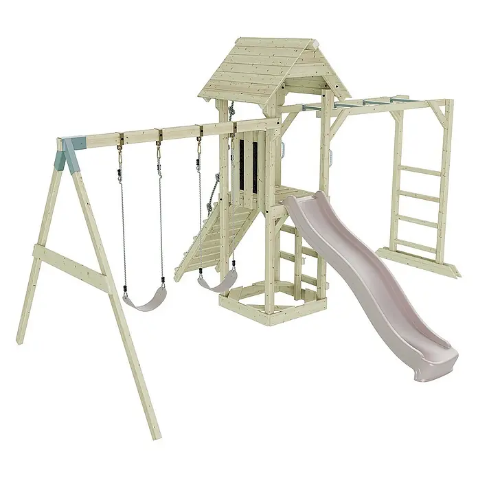 OutdoorToys Kinderspielturm Örebro - L x B x H: 358 x 491 x 275 cm, Rosa - Ein helles Holzspielhaus mit Schaukeln, Rutsche, Klettergerüst und einem kleinen Haus mit Dach für Kinder zum Spielen.