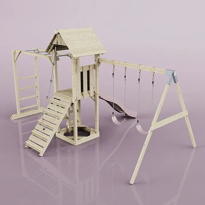 OutdoorToys Kinderspielturm Örebro - L x B x H: 358 x 491 x 275 cm, Rosa - Bild eines Spielplatzes mit Schaukeln, Rutsche, Klettergerüst und Spielturm. Ideal für Kinder zum Spielen und Toben im Freien.