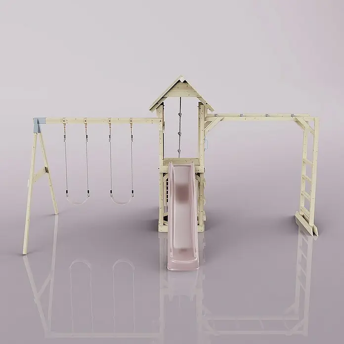 OutdoorToys Kinderspielturm Örebro - L x B x H: 358 x 491 x 275 cm, Rosa - Eine detailreiche Darstellung eines Holzspielplatzes mit Schaukeln, Rutsche und Klettergerüst, ideal für den Garten.