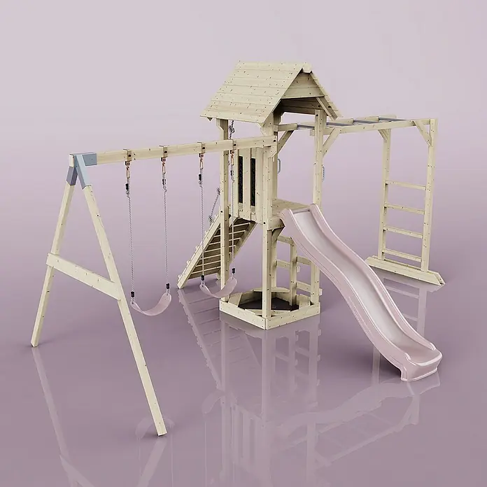 OutdoorToys Kinderspielturm Örebro - L x B x H: 358 x 491 x 275 cm, Rosa - Ein hölzerner Spielplatz mit Schaukeln, Rutsche und Klettergerüst präsentiert ein Paradies für Kinder zum Spielen und Toben im Freien.