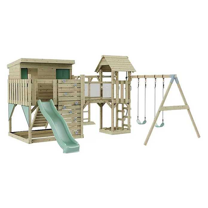 OutdoorToys Kinderspielturm Johanna Kinderschaukel; - Holz, Grün - Ein großes hölzernes Spielset mit Turm, Rutsche und Schaukel für stundenlangen Spaß im Freien. Perfekt für aktive Kinder.