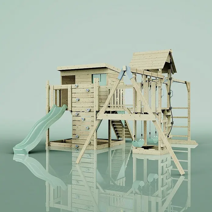 OutdoorToys Kinderspielturm Johanna Kinderschaukel; - Holz, Grün - Abbildung eines hölzernen Kinderspielhauses mit Rutsche, Kletterwand und Schaukeln, ideal für den Garten und aktive Spiele.