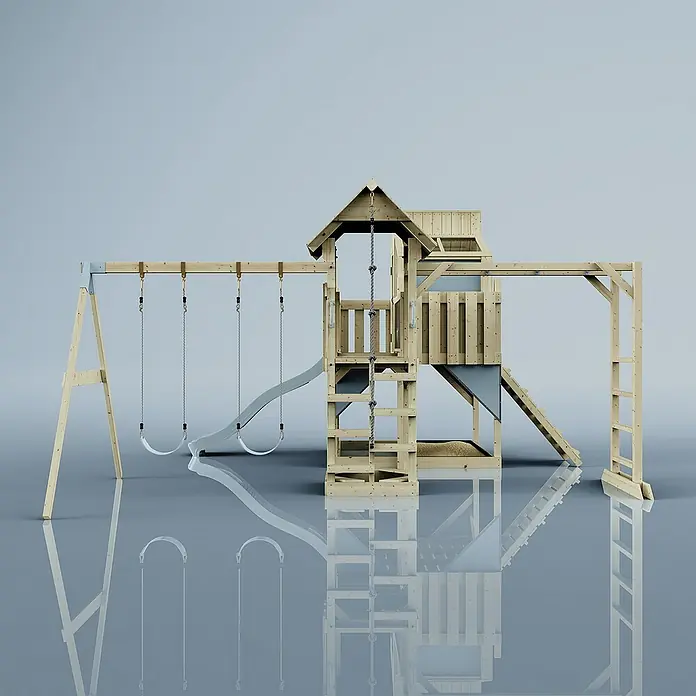 OutdoorToys Kinderspielturm Polarplay Emma - L x B x H: 490 x 503 x 291 cm, Blau - Holzspielplatz mit Schaukeln, Rutsche, Kletterwand und Turm für Kinder. Ideal für den Garten und aktive Spiele im Freien.