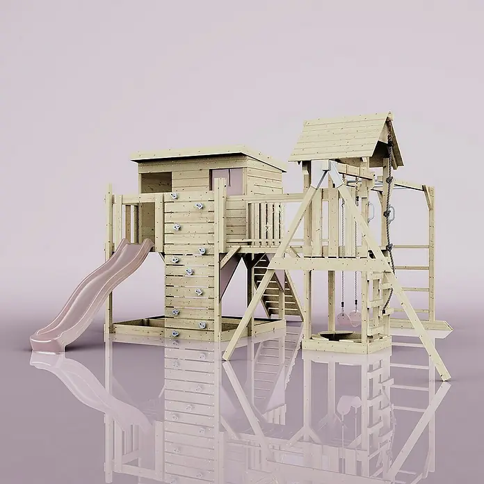 OutdoorToys Kinderspielturm Polarplay Inga - L x B x H: 400 x 503 x 274 cm, Rosa - Holzspielhaus mit Rutsche und Kletterwand für Kinder zum Spielen im Garten. Das Spielhaus bietet viele Möglichkeiten zum Klettern und Rutschen.